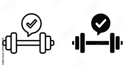 Dumbbell icon set with checkmark symbol representing completed workout fitness goal exercise routine strength training bodybuilding health and wellness progress