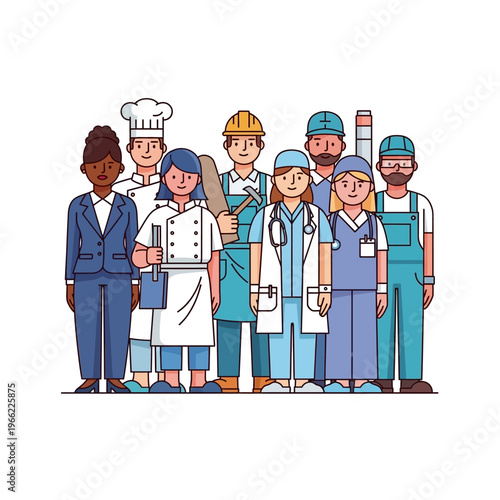A diverse group of men and women representing various professions and occupations, including business, culinary, construction, medical, and industrial roles.