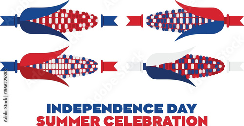 Four stylized ears of Indian corn are decorated with red, white, and blue patterns for summer celebration graphics.