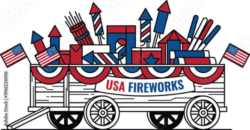Wooden wagon overflowing with assorted red, white, and blue fireworks and small American flags is ready for distribution.