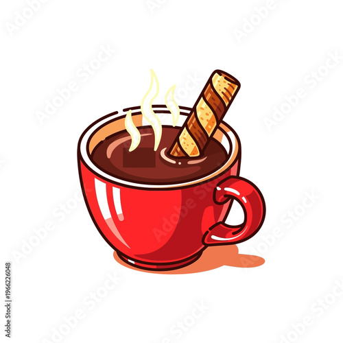 A steaming red mug of hot chocolate with a striped wafer roll.