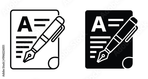Fountain pen writing on paper document icon set with letter A representing education literacy blogging journalism and creative author symbols