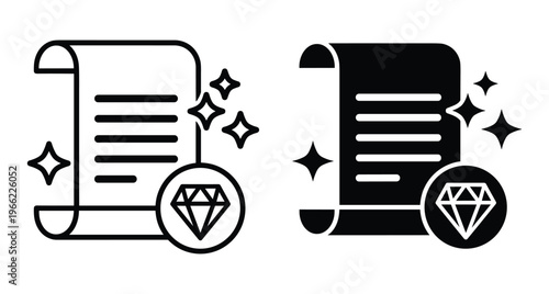 Scroll document icon with diamond gemstone and sparkles representing valuable content reward achievement quality certificate paper manuscript game asset
