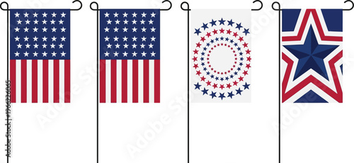 A collection of four vertically oriented garden flags displays various patriotic designs featuring stars and stripes patterns.