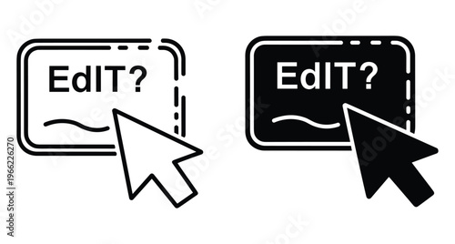 Edit button icon set with mouse cursor arrow clicking on rectangular box containing text and question mark symbol for interface