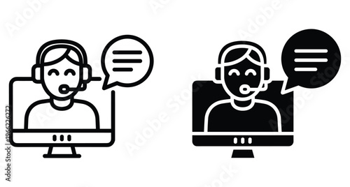 Customer support representative icon set featuring male agent with headset on computer screen and speech bubble for online help desk services