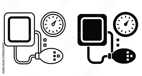 Blood pressure monitor icon set featuring manual sphygmomanometer with cuff gauge and pump for medical health checkup and diagnostic monitoring