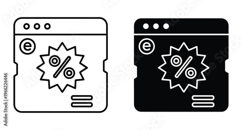 Web browser window icon set featuring percentage discount starburst and e commerce symbol for online shopping sales marketing and digital retail promotion