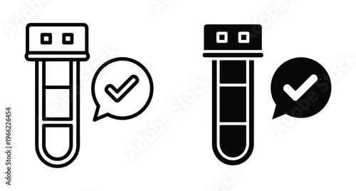 Medical test tube icon with checkmark symbol representing successful laboratory results blood analysis verification and healthcare diagnostic confirmation process