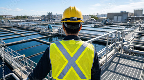 Dedicated engineer in safety gear overseeing the vast operations of a modern water purification and wastewater treatment facility, ensuring environmental sustainability