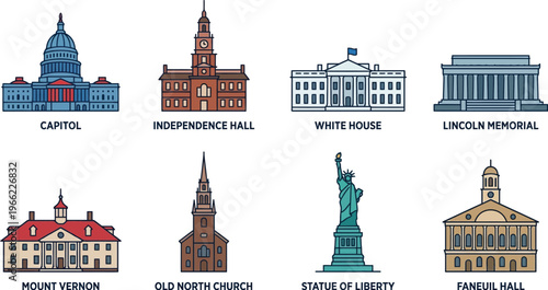 A collection of famous American landmarks and national monuments are shown in a flat graphic style.