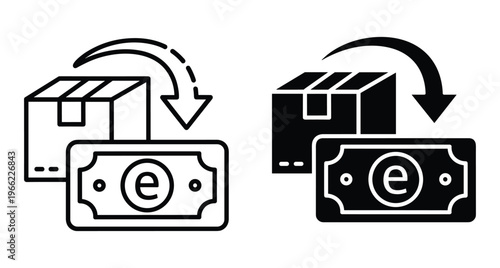 Package return and refund icon set showing cardboard box with arrow and electronic money banknote for e commerce shipping services