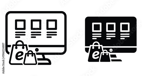 Online shopping icon set featuring computer monitor with product listings and shopping bags representing digital retail store and electronic commerce business
