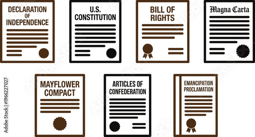 Seven historical legal documents including the Constitution and Magna Carta are shown as stylized scrolls.