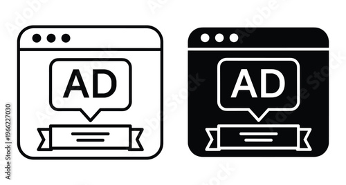 Web browser window advertisement icons showing digital marketing campaign online promotion banner and commercial message for internet business growth strategy