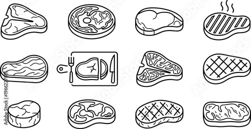 meat steak butcher cuts line icon set with beef pork lamb chop rib grilled steak and raw meat pieces for barbecue cooking and food design isolated on transparent background