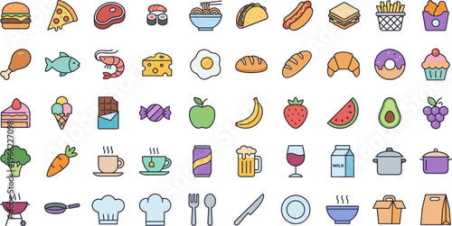 food and drink vector icon set with burger pizza sushi noodle taco sandwich fries cupcake donut fruit and beverage symbols isolated on transparent background