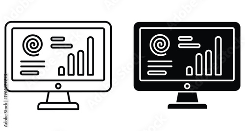 Computer monitor screen displaying data analysis dashboard with bar charts and spiral graphics in outline and solid black icon styles