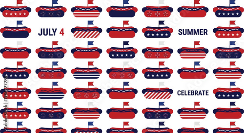 A dense background pattern features many stylized hot dogs adorned with intricate patriotic designs across the entire white.