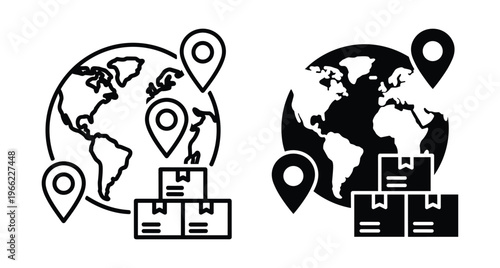 Global logistics shipping icon set featuring world map globe with location pins and cardboard boxes for international delivery and distribution