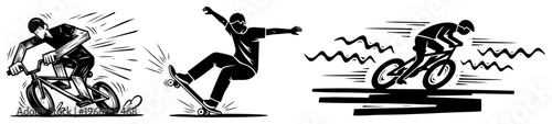Extreme sports action set, BMX biker, skateboarder and cyclist silhouettes, dynamic motion sketch illustration vector