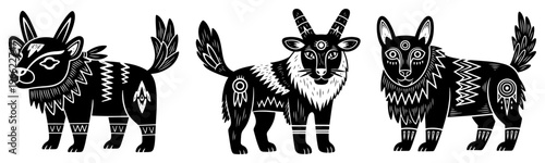 Folk art animal silhouette collection, mythical goat and wolf characters with decorative patterns, linocut style vector set