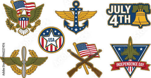 Various United States military and patriotic insignia badges feature eagles, anchors, stars, and weaponry icons.