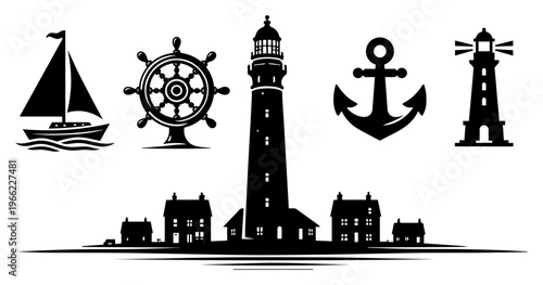 Nautical marine icons set, lighthouse, sailboat, anchor and wheel silhouettes, coastal landscape and maritime elements vector