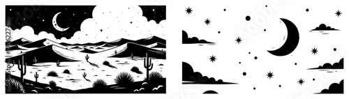 Night desert landscape with moon and stars, sand dunes and cacti silhouettes, black and white woodcut style illustration vector