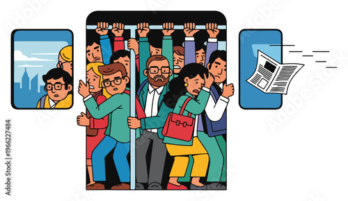 Crowded subway train commute, stressed people in public transport, busy city life and rush hour concept illustration vector