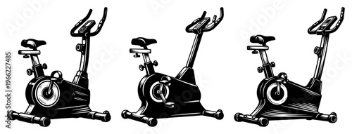 Stationary exercise bike set, fitness cycle machine for gym and home workout, black and white sport equipment illustration vector