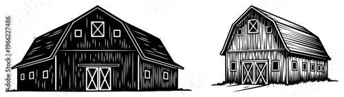 Traditional farm barn silhouette set, rustic wooden stable and granary buildings, vintage rural architecture sketch vector