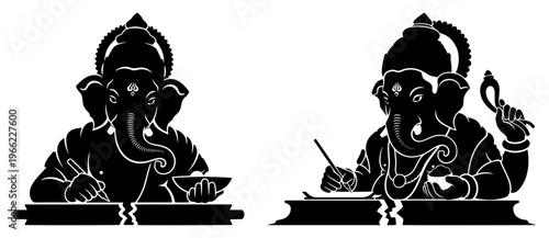 Lord Ganesha writing silhouette, Hindu god Ganesh working on broken board, spiritual Indian deity illustration vector