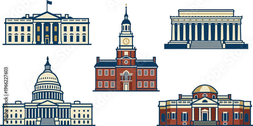 Set of five prominent American government buildings including the White House, Capitol Building, and Independence Hall are.