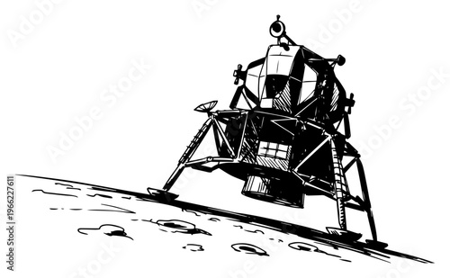 Lunar module landing on moon surface, Apollo space mission moon lander sketch, astronomy cosmic exploration illustration vector