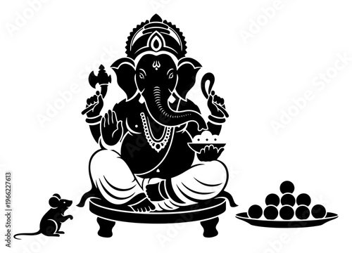 Ganesha Hindu deity sitting with mouse and modak sweets, Lord Ganesh silhouette, spiritual elephant god illustration vector