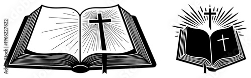 Holy Bible with Christian cross silhouette, open religious book with spiritual rays, scripture and gospel woodcut illustration vector