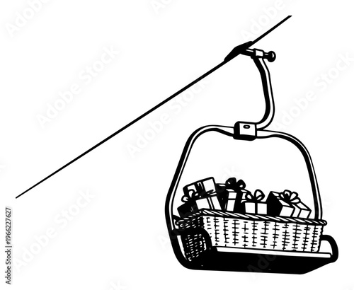 Ski lift chair with gift boxes illustration, winter cable car carrying Christmas presents, holiday vacation delivery concept vector