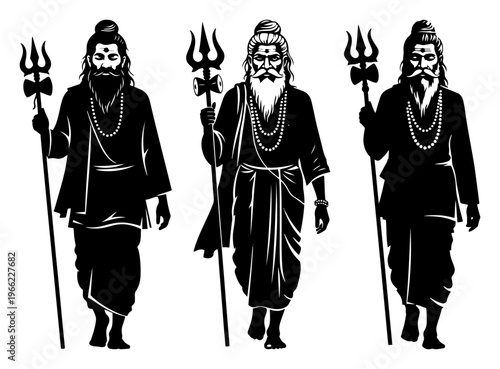 Indian Sadhu Hindu holy man silhouette set, monk with trishula trident, spiritual sage character illustration vector