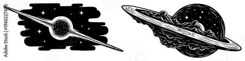 Black hole and ringed planet space illustration, cosmic phenomena engraving set, astronomical woodcut vector art
