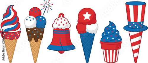 Various patriotic ice cream cones and frozen desserts decorated with red, white, and blue colors for a summer celebration.