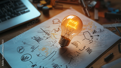Creative brainstorming session with a glowing light bulb and sketches on paper to inspire innovation.