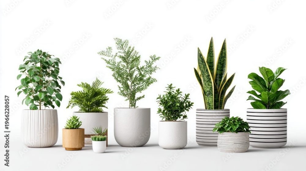 Fototapeta premium Assortment of healthy green houseplants in modern decorative pots on a white background