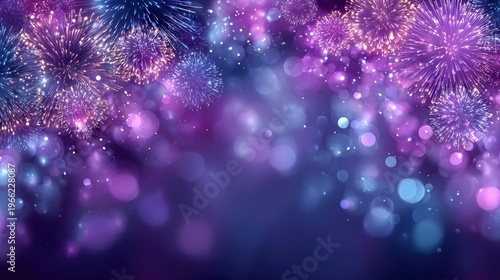 Vibrant purple and blue fireworks explode against a bokeh background, celebrating a special occasion