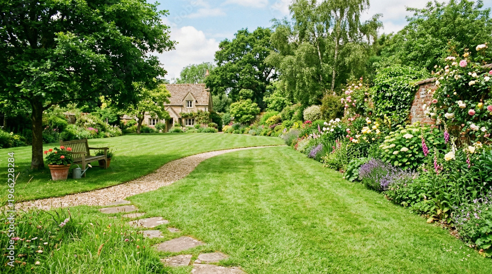 Fototapeta premium English Cottage Garden With Winding Pathway, Manicured Lawn, Flower Borders and Wooden Bench