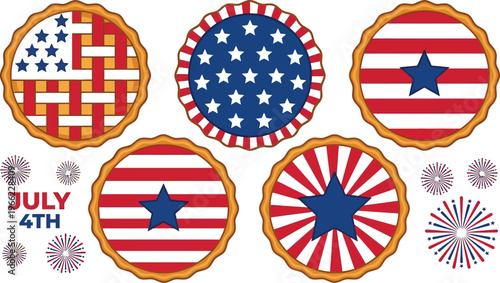 Five patriotic pie top designs incorporate red, white, and blue elements for United States celebrations.