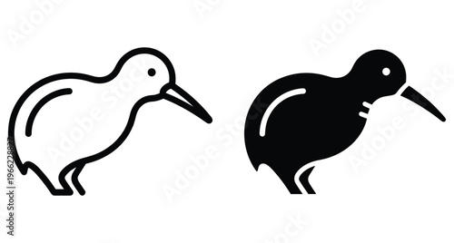 Kiwi bird icon set featuring minimalist outline and solid silhouette designs representing New Zealand wildlife and flightless avian species symbols