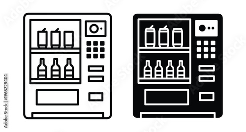Vending machine icon set featuring outline and solid styles with beverage cans and bottles for retail snack and drink service automation equipment