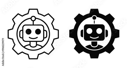 Robot head inside gear icon set representing automation technology machine learning digital assistant bot character outline and solid glyph style