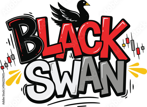 "BLACK SWAN" Financial Event Typography with Black Swan Character and Candlestick Chart Doodles